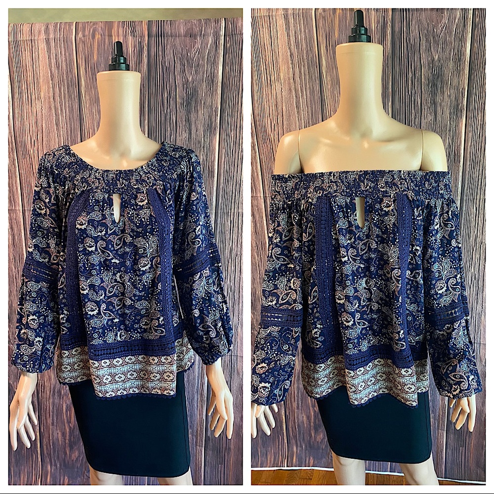 Knox Rose size XS navy blue flowy summer boho peasant blouse top paisley